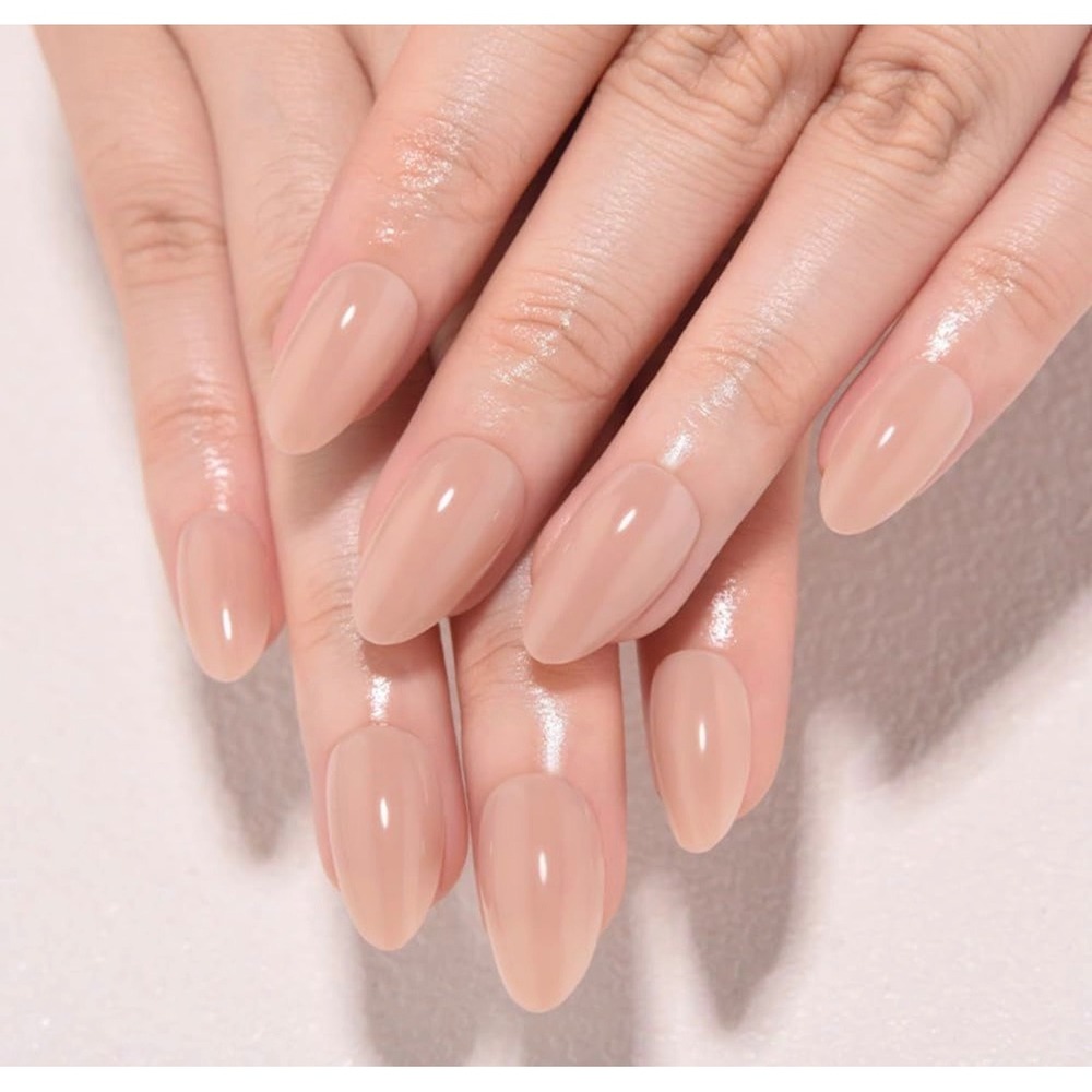 XZ MeiLun Nude Brown Jelly Press On Nails Short Almond Glossy 24 Pcs JS-LF-4059